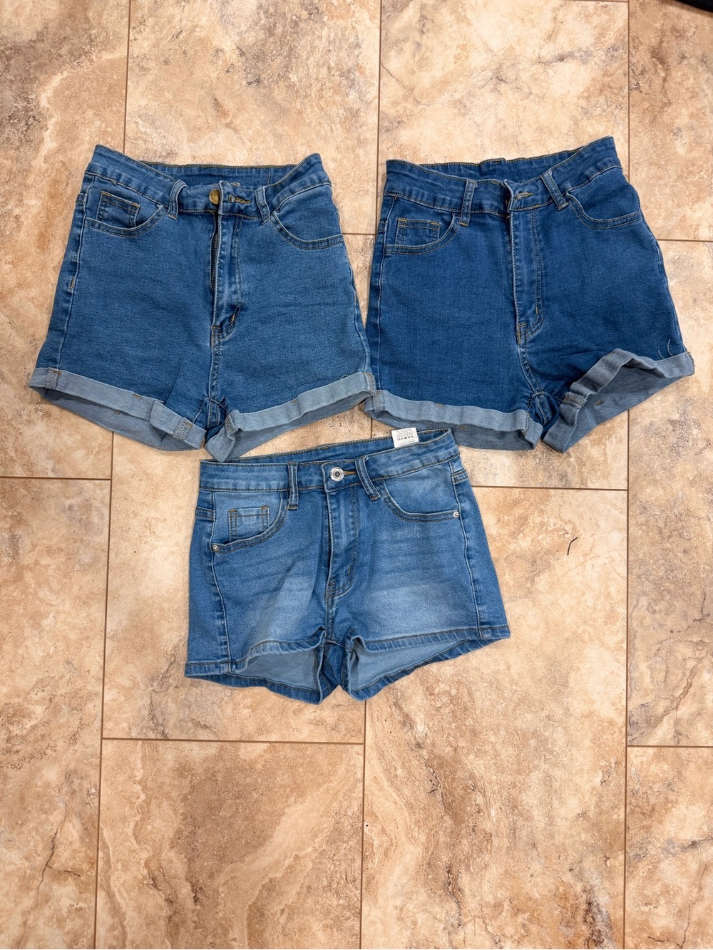 SHEIN Blue Denim Roll-Hem Jean Shorts Trio